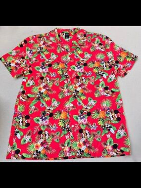 Disney Men's Bright Red Hawaiian Shirt with Tropical Print